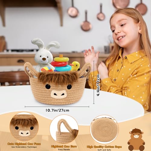 Highland Cute Cow Basket for Nursery, Small Shower Gift Basket, Round Woven Rope Cotton Storage, Baby Blanket 0rganizer with Ears Handles, Blanket Towel Decor Storage Bins, 10.7"D x 4.4"H in - color: Brown, size: 9"D × 5 "H