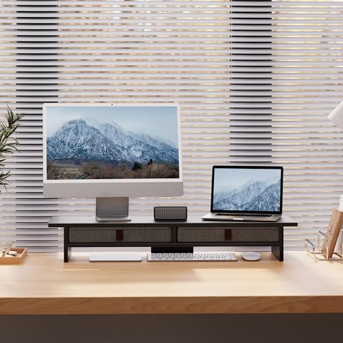 Fenge Monitor Stand with Drawer, 2 Tiers Dual Monitor Riser for Desk, 35 Inch Computer Stand for 2 Monitors, Desk Shelf for Home, Office, Laptop, PC, TV, Printer - color: Black