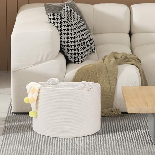 Large Blanket Basket (20"x13"), Woven Storage Basket for Dirty Clothes, Laundry, Living Room, Nursery, Bedroom - White - color: White