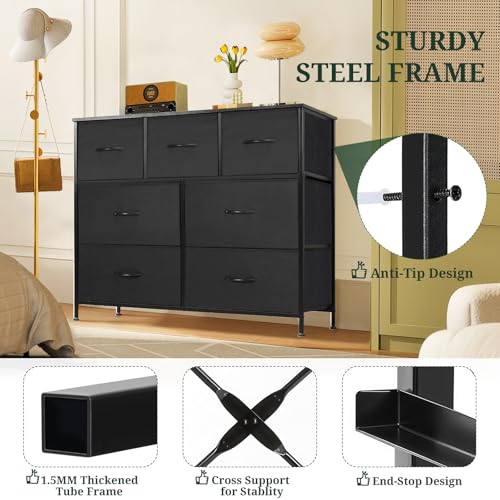 7-Drawer Dresser for Bedroom, Anti-Tip Wide Storage Organizer Fabric Chest of Drawers TV Stand for 45" TV with Wooden Top and Metal Frame for Closet, Living Room, Hallway, Entryway, Black - color: Black, size: 11.8"D x 39.3"W x 30.3"H (7 Drawers)