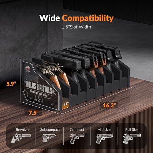 Foam Pistol Rack for Gun Safe Pistol Holder for Storage, Gun Cabinet Accessories for Pistols Revolvers, Fits Most Handguns - size: 8 Slots