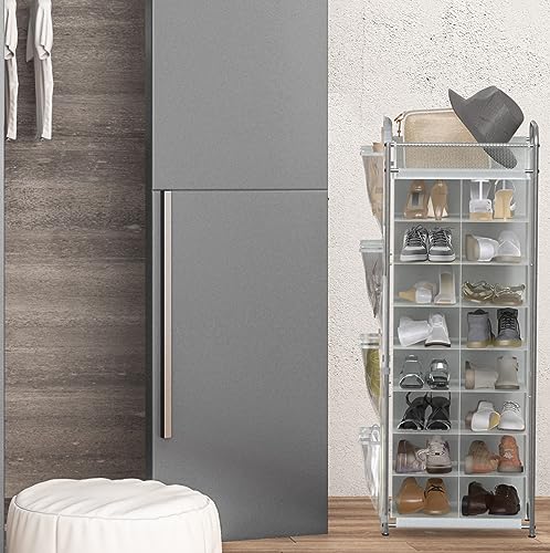 Simple Houseware 16 Cube Shoe Stand Tower Rack 8 Tier with Top Shelf and Side Hanging Pockets, Gray - color: Gray
