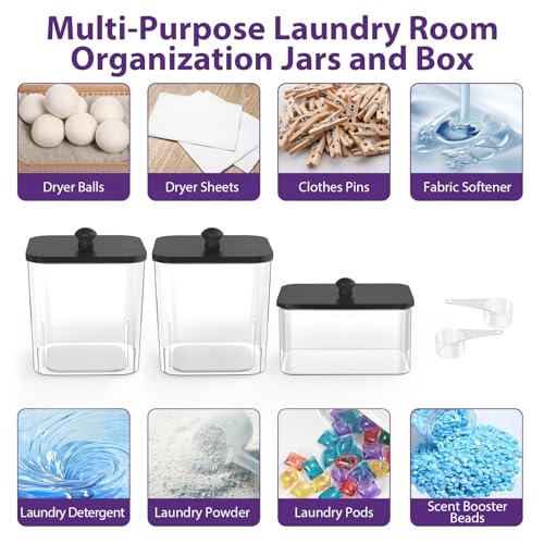 COAZEX 2+1 Pack Clear Laundry Pods Container & Dryer Sheet Holder, Plastic Square Laundry Room Organization and Storage Jars with Black Lids, Scoops & Labels for Detergent, Powder, Dryer Balls - color: 2+1 Pack