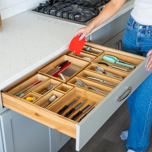 Grow Forward Bamboo Drawer Organizer Boxes - Set of 7 Wooden Drawer Organizers for Kitchen, Bathroom, Office, Desk, Vanity, Makeup - Non-Slip Junk Drawer Organizer Trays for Storage and Organization - size: 7-Piece
