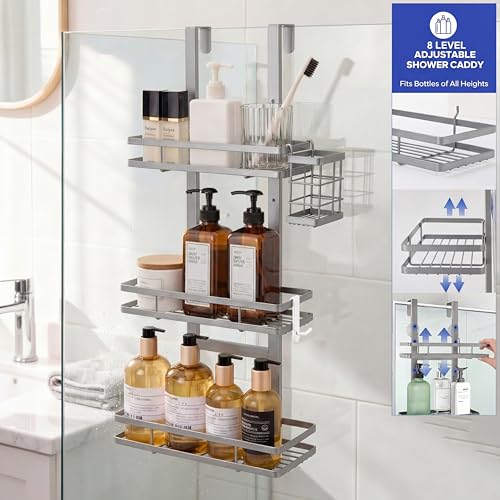 Over the Door Shower Caddy Hanging, Rustproof Shower Shelves with Waterproof Phone Pouch, Adjustable Bathroom Organizers and Storage, No Drilling Shampoo Soap Shelf (Silver 3-Tier) - size: Silver 3-Tier