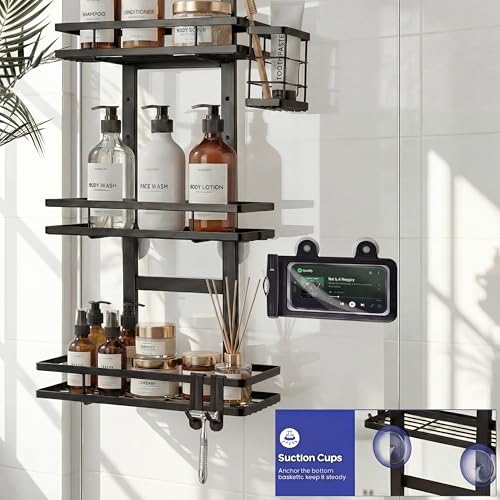 Over the Door Shower Caddy Hanging, Rustproof Shower Shelves with Waterproof Phone Pouch, 3-Tier Adjustable Bathroom Organizers and Storage, No Drilling Shower Shelf, Black Shampoo Soap Holder - size: 3 Tier