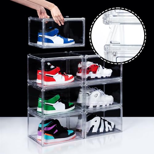 12 Pack Shoe Boxes, Clear Acrylic Stackable Plastic Sneaker Box Container, Magnetic Drop & Side Open Shoe Organizer Case Container With Lids Fits Up to Size 15(Transparency) - color: Transparency