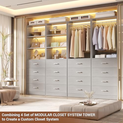 Aheaplus Closet Drawers Organizer System, 21.3" Wood Closet System with 4 Drawers, Modular Walk-in Closets Storage Unit, Tall Bookshelf Storage Cabinet, Grey - color: Grey