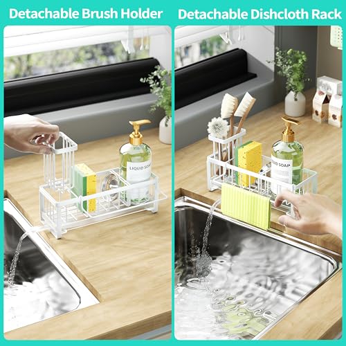 HapiRm Sponge Holder for Kitchen Sink - Self-draining Sink Caddy with Brush and Dishcloth Holders, Stainless Steel Kitchen Organizer for Countertop - White - color: White, size: with Dishcloth Holder