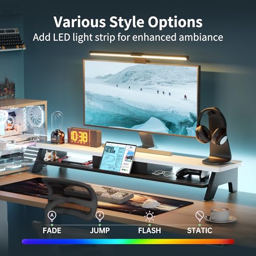 AFOOYO Dual Monitor Stand Riser,LED 2-Tier 39.3 Inch Computer Monitor Stand for 2 Monitors,Office Desktop Organizer with Storage Drawer and Phone Holder for Laptop,PC,Computer,Printer,White - color: LED-White, size: 2 Tier