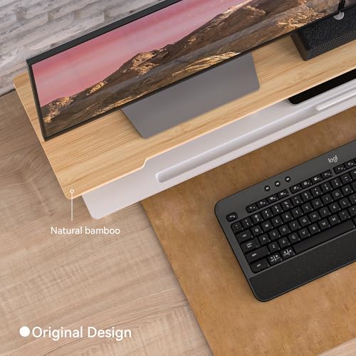 Monitor Stand Dual Monitor Stand Riser for Desk,Wood Desk Shelf Storage Organizer with Phone Tablet Holder (42.5 Inch, White & Natural Bamboo) - color: White & Natural Bamboo, size: 42.5 inch