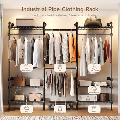 Wall Mounted Garment Rack, Walk-in Closet System with Expandable Rods, Adjustable Shelves, Industrial Pipe Clothing Racks, Hanging Clothes Organizers and Storage, Metal Closet Shelving Wardrobe - color: Black