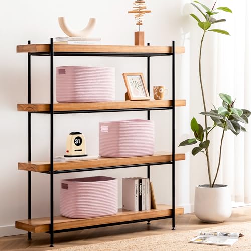 UBBCARE 4 Pack Storage Baskets for Organizing, Shelf Baskets with Handles, Woven Storage Baskets for Bookcase/Cube Shelf/Closet, 14.5"L x 9.8"W x 9"H, Pink - color: Pink, size: 4 Pack-14.5"(L)×9.8"(W)x9"(H)