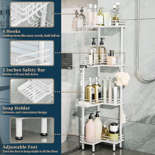 Consumest Corner Shower Caddy Standing - 4-Tier Stainless Steel Shower Organizer with Soap Holder and 4 Hooks, Large Capacity Corner Shelf Stand for Bathroom, Rest Room, White - color: White, size: 4 Tier
