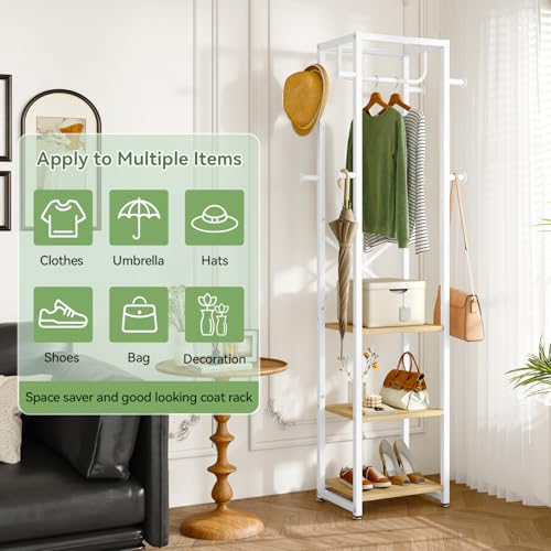 IBUYKE Coat Rack with Shelves, Freestanding Hall Tree with 3 Shelves and 8 Hooks, Industrial Clothes Stand for Entryway, Hallway, Bedroom, Natural UTMJ088R - color: Natural