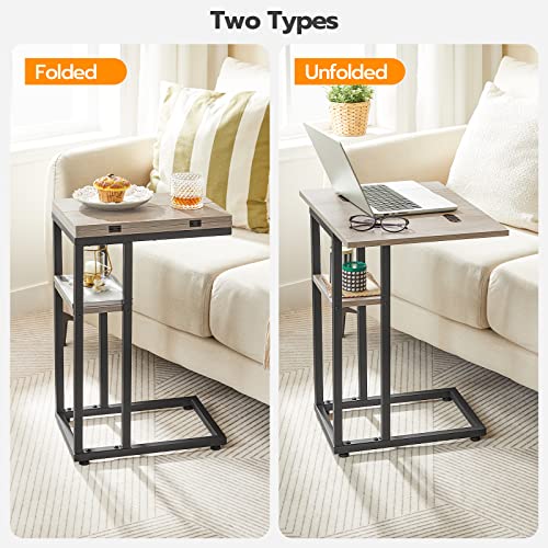 HOOBRO Foldable End Table, C Shaped Side Table with Storage Shelf, Small Snack Table Suitable for Living Room Bedroom Small Spaces, Easy Assembly, Greige and Black BG29SF01 - color: Greige + Black