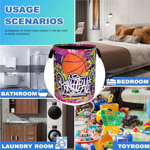 Basketball Laundry Basket Oxford Cloth Funny Sports Laundry Hamper With Handle Foldable Portable Clothes Storage Basket 18.9 X 16.5 In Storage Bag For Laundry Room/Bathroom/Bedroom/Dormitories - color: Basketball