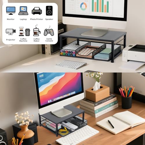 Small Laptop Stand for Desk, Monitor Stand Riser, Desk Organizer for Office Organization, Office Desk Accessories, Computer Desktop Stand with Drawer for Home, Office, School (Black) - color: Black