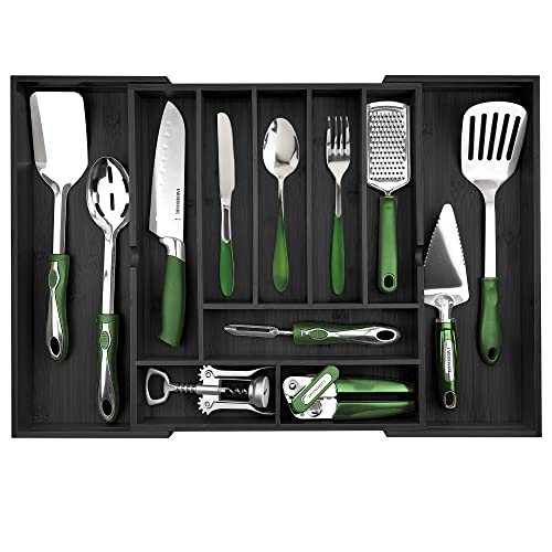 Pristine Bamboo Silverware Organizer - Expandable Kitchen Drawer Organizer - Adjustable Kitchen Drawer Organizer for Utensils, Expandable to 25 Inches Wide, 10 Slots - Black - color: Black, size: 10-Slots