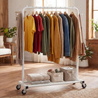 Sywhitta Clothing Rack on Wheels with Mesh Storage Shelf & Sturdy Metal Frame, Rolling Garment Rack for Hanging Clothes, Coats, Skirts, 39.76" L x 16" W x 64.56" H,White - color: White