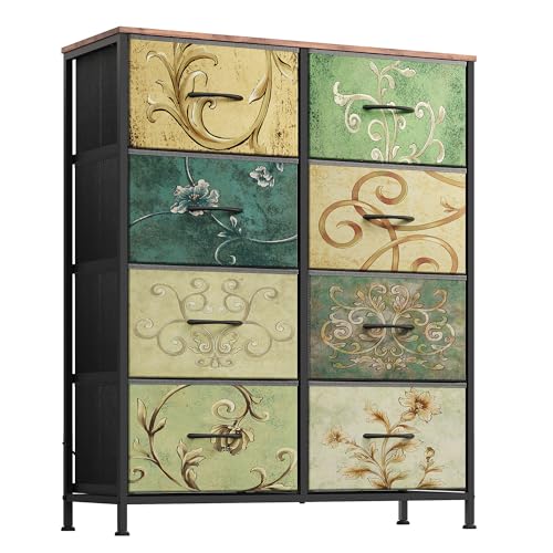 WLIVE Tall Fabric Dresser with 8 Drawers, Storage Tower with Fabric Bins, Double Dresser, Chest of Drawers for Closet, Bedroom, Living Room, Hallway, Dorm, Floral Painted - color: Floral Painted, style: General