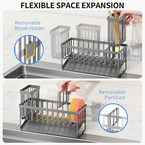 Cisily Sink Caddy Organzier with High Brush Holder, Sponge Holder for Sink, 304 Rustproof Stainless, Kitchen Countertop Soap Dispenser Organizer, Dark Gray Kitchen Decor and Accessories - color: Dark Grey, size: 9.25″