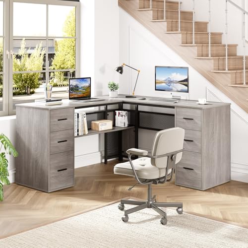 HSH Large L Shaped Desk with Storage File Cabinet，Corner L-Shaped Computer Desk with Drawers Shelves, Home Office Bedroom Metal Wood Study Writing Table Executive Workstation, Light Grey Oak, 59 Inch - color: Light Grey Oak