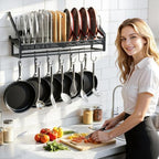 Housolution Pan Rack Wall Mounted, 24.8" Vertical Lid Organizer with 14 Adjustable Dividers, Heavy Duty Hanging Cookware Holder Hanger with 6 S-Hooks & 6 Vertical Hooks - color: Black, 1 Tier