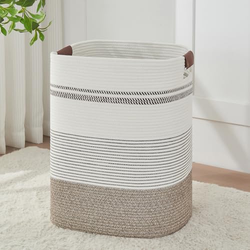 AINUOQI Laundry Hamper - Tall Woven Rope Laundry Basket - Clothes hamper with Leather Handles, 17" X 13.8" X 22", Blanket Storage Basket for Living Room, Rice Brown & White - color: Rice Brown & White, size: 85L