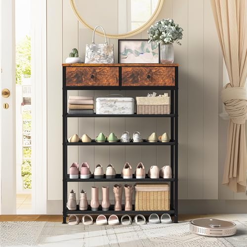 usikey Shoe Rack, 5 Tier Shoe Storage Organizer with 2 Drawers, Metal Shoe Shelf for 12-16 Pairs of Shoes, with 4 Oxford Fabric Shelves and Wooden Top, Shoe Stand for Closet Entryway, Rustic Brown - color: 5 Tier ( 28.3 X 11 X 36.2 Inches)-rustic Brown