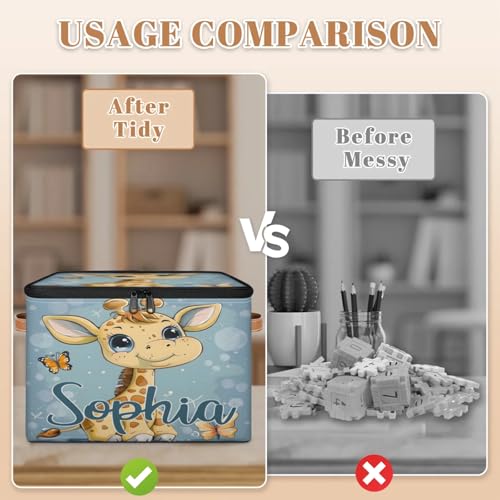 Custom Storage Basket with Name, Personalized Storage Bins with Zipper Lid, Foldable Fabric Storage Box Large capacity with Handle Butterfly Giraffe - color: Option 21