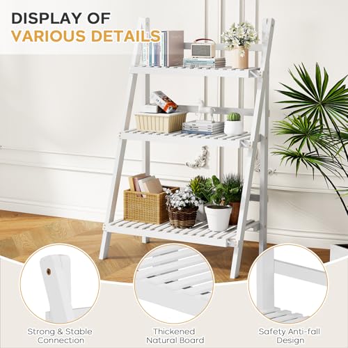 oakvivo Bamboo Bookshelf 3-Tier Ladder Shelf, 39.4” Freestanding Open Bookcase Book Shelf Bathroom Storage Shelf Unit Plant Stand for Small Space, Living Room, Bedroom, Home Office, White - color: 3-tier White