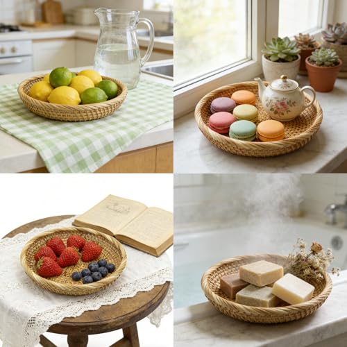 8.7" Handmade Rattan Basket Small Round Woven Storage Basket Tray Small Decorative Bowl - color: Basic, size: 8.7“