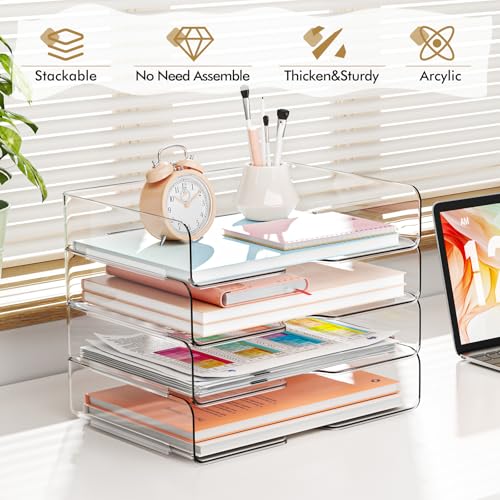 YKLSLH 4 Trays Paper Organizer Letter Tray - Acrylic Desk File Organizer, Stackable Clear Paper Holder Sorter Office Organizer for Letter/A4, Office File Ipad Books Notes Etc - color: 4 Tier-horizontal