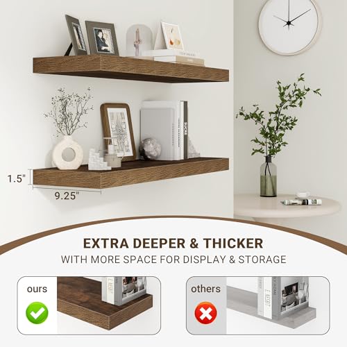 Acovy 32 Inch Floating Shelves, 3D Textured Wood Grain, 32"x9.25"x1.5" Inch Deep Floating Shelves for Wall, Wooden Shelves for Bathroom, Bedroom, Living Room, Brown, 2 Pieces - color: Brown, size: 32"x9.25"-2pcs