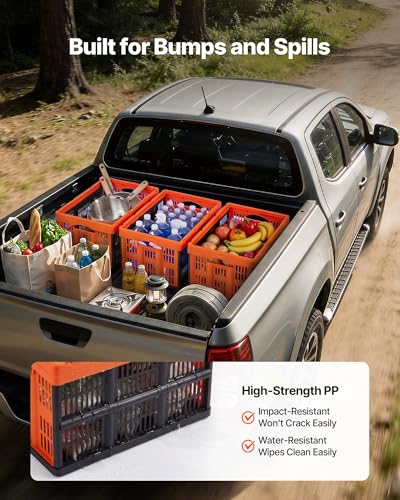 VEVOR Plastic Collapsible Storage Bins, 45L 6 Packs, Stackable Folding Storage Crates with Handles, Holds 33 lbs Per Bin, Foldable Heavy Duty Containers, Space-Saving Baskets, for Home Organizing - size: 45L-Orange-6PC