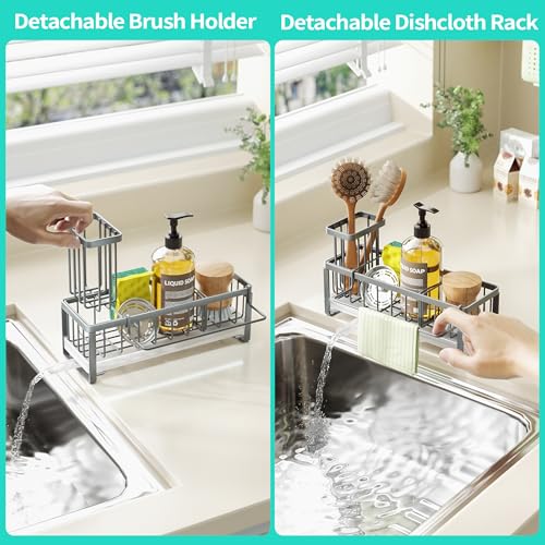 HapiRm Sponge Holder for Kitchen Sink - Self-draining Sink Caddy with Brush and Dishcloth Holders, Stainless Steel Kitchen Organizer for Countertop - Grey - color: Gray, size: with Dishcloth Holder