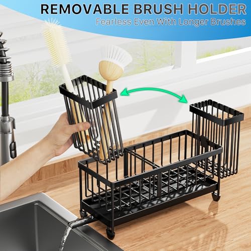 Cisily Sponge Holder for Kitchen Sink, Sink Caddy Organizer with High Brush Holder, Kitchen Countertop Organizers and Storage Essentials, Rustproof 304 Stainless Steel (Black, 9.25″) - color: Black