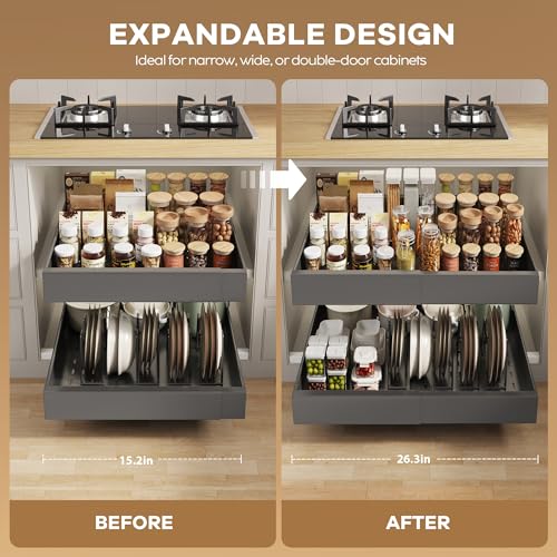 Seinloes 2 Pack Pull out Cabinet Organizer 21" Deep With Raising Pad for Framed Cabinets,Expandable (15.2"-26.3"W) Slide out Drawers for Kitchen Cabinets with 4pcs Divider Racks,Roll out Shelves,Black - color: Black, size: 15.2"-26.3"W x 21"D(2Pack)