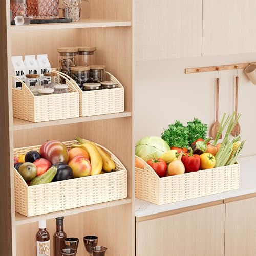 Ollieroo Rattan Storage Baskets, Handwoven Wicker Storage Bins with Built-in Handles, Storage Container Baskets for Shelves, Bedroom, Bathroom, Laundry Room or Kitchen(Beige) - color: Cream