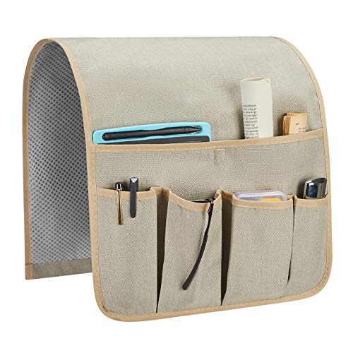 Sofa Armrest Organizer, Remote Control Holder for Recliner Couch, Arm Chair Caddy with 5 Pockets for Magazine, Tablet, Phone, iPad - color: Pale Khaki, size: W13'' x L33''