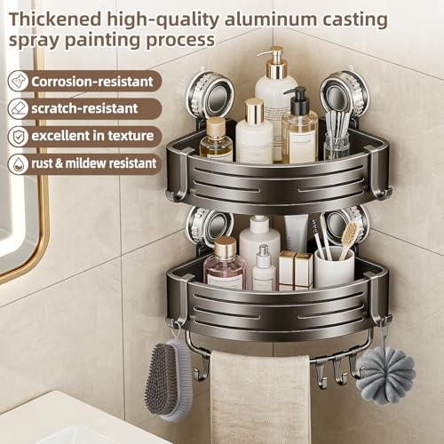 Corner Shower Caddy,Suction Cup Shower Bathroom Wall Shelf,No Drill Rust Proof Aluminum Organizer with Hooks,Floating Rack for Inside (Suction Cup Corner Shower Caddy,2 Tier,Gray) - style: Suction Cup Corner Shower Caddy ,2 Tier ,Gray