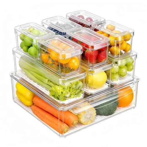 Pure Future 10-Pack Clear Fridge Organizer Containers with Lids, Stackable BPA-Free Refrigerator & Produce Storage Containers with Drain Tray & Anti-Slip Base for Fruits, Veggies & Drinks