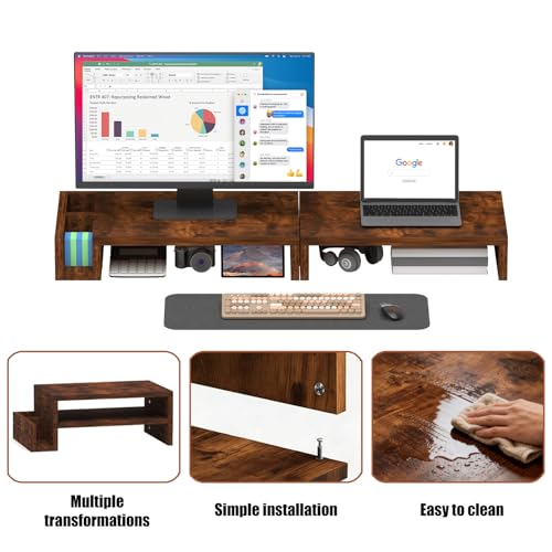 Wood Dual Monitor Stand Riser for Desk, 30" Long Monitor Riser with Pen Holders, Desktop Storage Organizer for 2 Monitors, Computer, Laptop, PC, Printer, TV, Rustic Brown (Dual) - size: Dual
