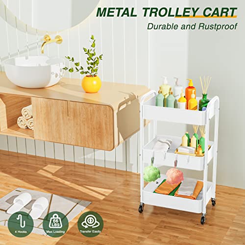 LEHOM 3 Tier Rolling Storage Cart, Metal Trolley Utility Cart with Wheels & Hooks, Easy Assembly Organizer Storage Cart for Bathroom Kitchen Office Bedroom - color: White