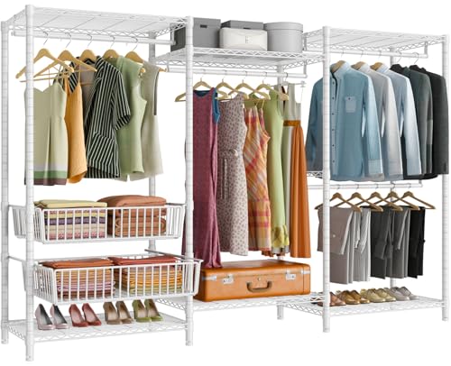 VIPEK V10 Wire Garment Rack 5-Tiers Heavy Duty Clothes Rack Large Size Clothing Rack with 4 Hanging Rods, 6 Wire Shelves and 2 Slid Baskets, 68.9" W x 15.7" D x 76.4" H, Max Load 920 LBS, White - color: White