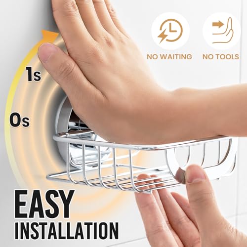 LEVERLOC Soap Holder Shower with Hooks, Bar Suction Cup Soap Dish Tray for Wall, Rust-Proof Stainless Steel Sponge Caddy for Bathroom Accessories Organizer Bathtub Kitchen Sink, Silver - style: 1 tier Silver