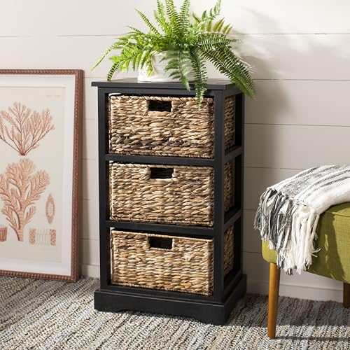 SAFAVIEH Home Collection – Halle Distressed Black Storage Side Table with Wicker Baskets, Farmhouse Accent Storage, Fully Assembled (AMH5738A) - color: Distressed Black