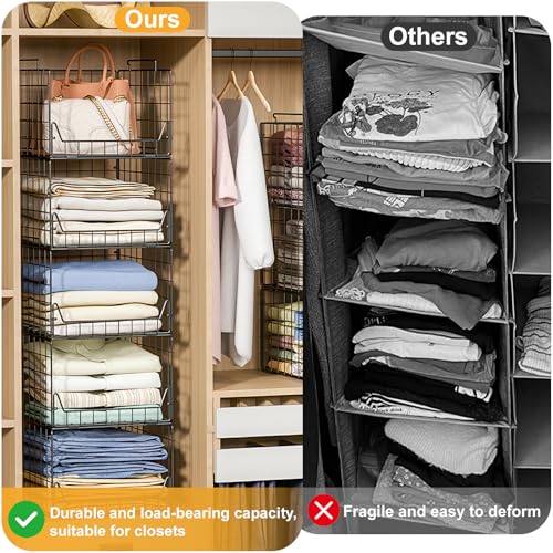 Jakyitvi 5-Tier Stackable Closet Organizer Shelf – Foldable Metal Storage Bins for Clothes, Sweaters & Towels | Stylish Black Wire Baskets for Bedroom, Wardrobe, Dorm or Entryway - color: Black, size: 5 Tier