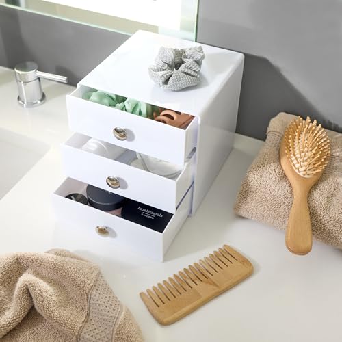 iDesign 3-Drawer Plastic Vanity Organizer, Compact Storage Organization Drawers Set for Cosmetics, Dental Supplies, Hair Care, Bathroom, Dorm, Desk, Countertop, Office, 6.5" x 6.5" x 6.5", White - color: White, style: Pack of 1